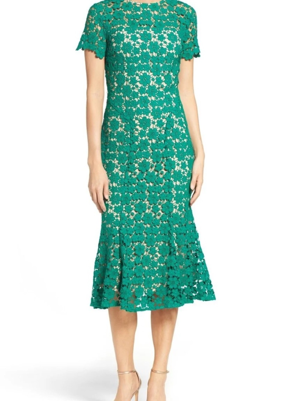 Shoshanna Emerald Green Floral Lace Midi Dress